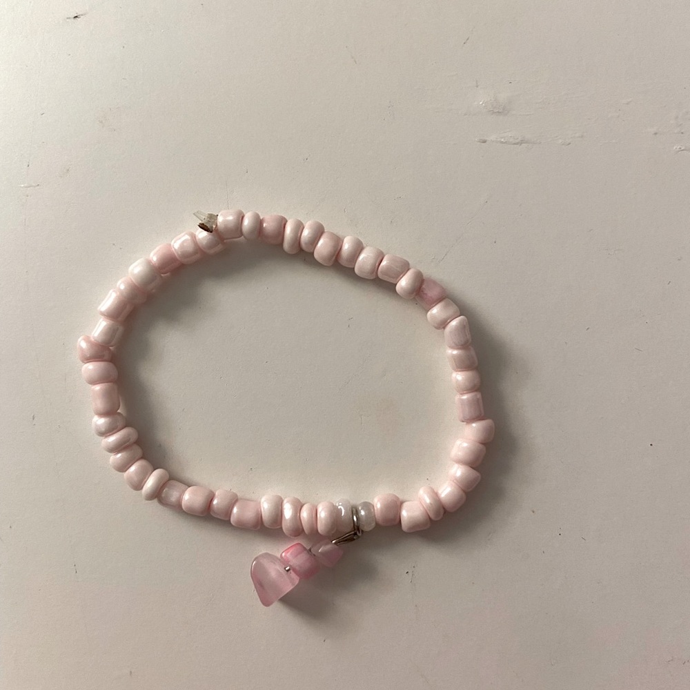 Handmade beaded pink bracelet w pink crystal charm